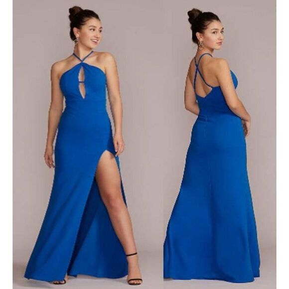 EMERALD SUNDAE Women's Cutout Scuba Crepe Halter Gown Blue Maxi Dress - Picture 2 of 3